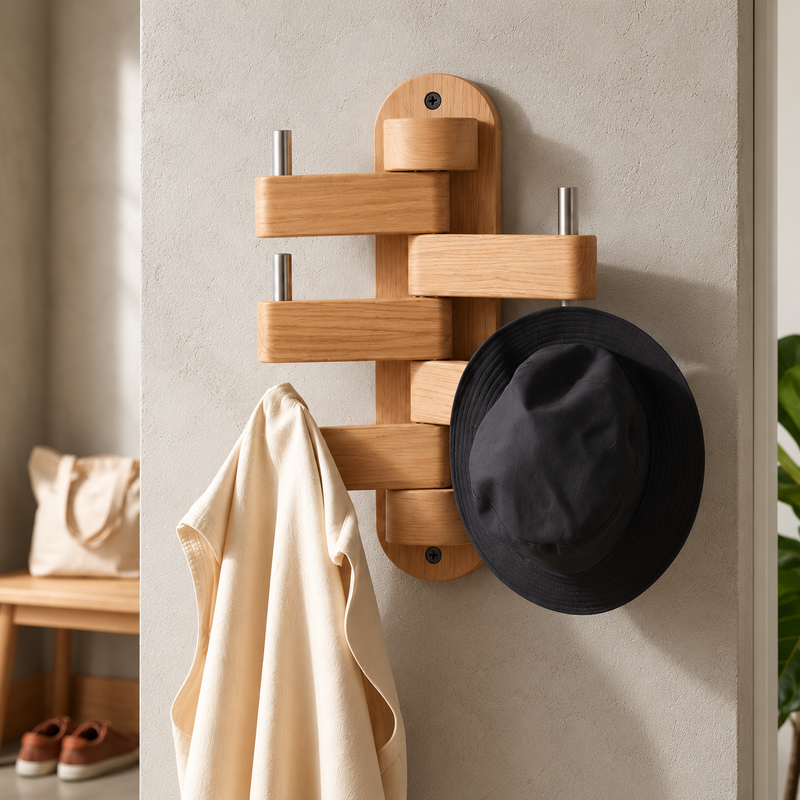 Vertical Wooden Wall Hanger - Foldable Hooks, Seasoned Pine