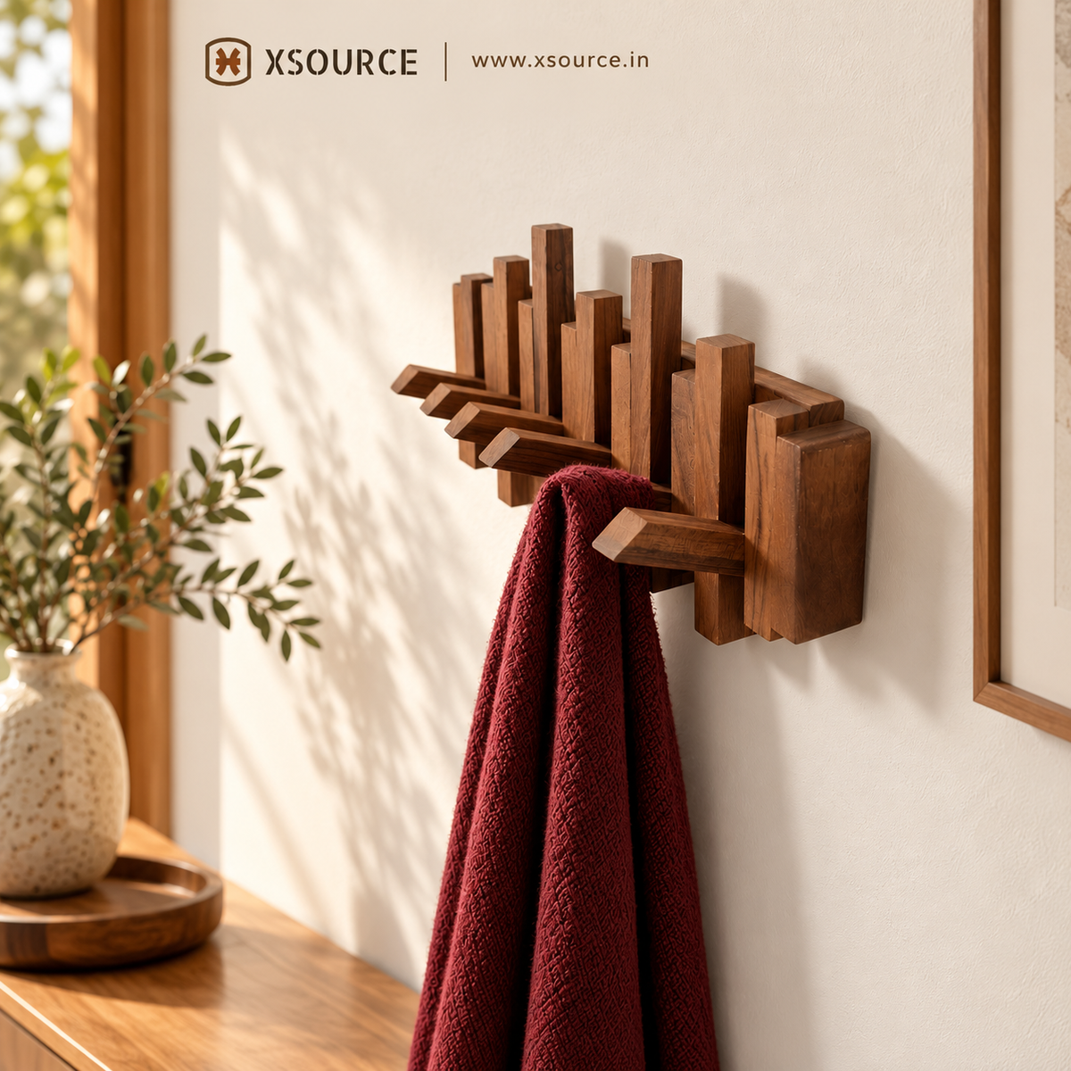 Wooden Piano Wall Hanger - Foldable Hooks, Old Burmese Teak, 4/6/8 Hook