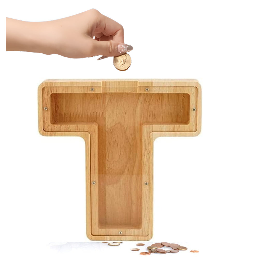 Wooden Alphabet Piggy Bank - Personalised A to Z Letter, Acrylic Front