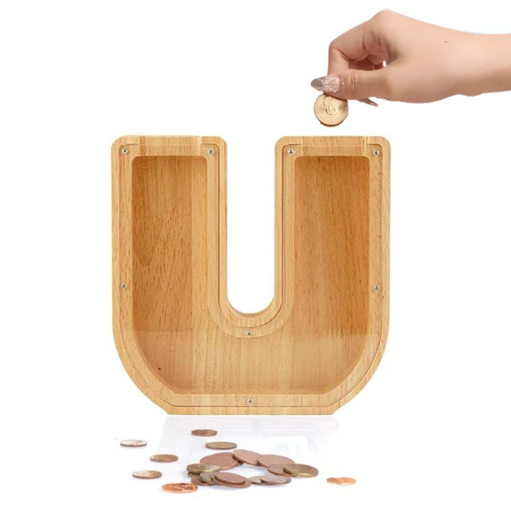 Wooden Alphabet Piggy Bank - Personalised A to Z Letter, Acrylic Front