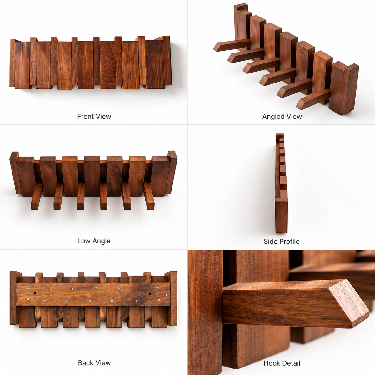 Classic Straight Wooden Wall Hanger - 6 Hooks, Old Burmese Teak