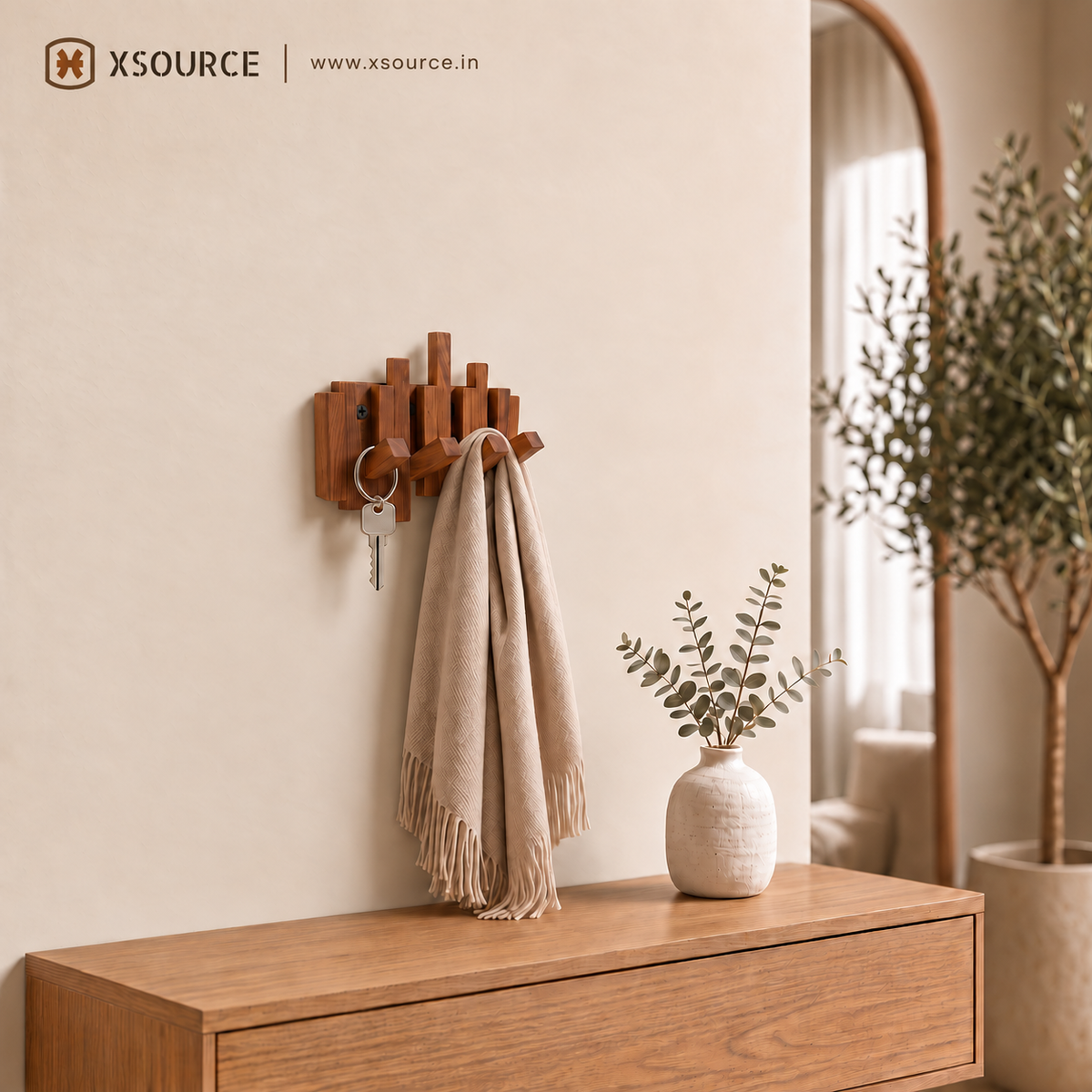 Wooden Piano Wall Hanger - Foldable Hooks, Old Burmese Teak, 4/6/8 Hook