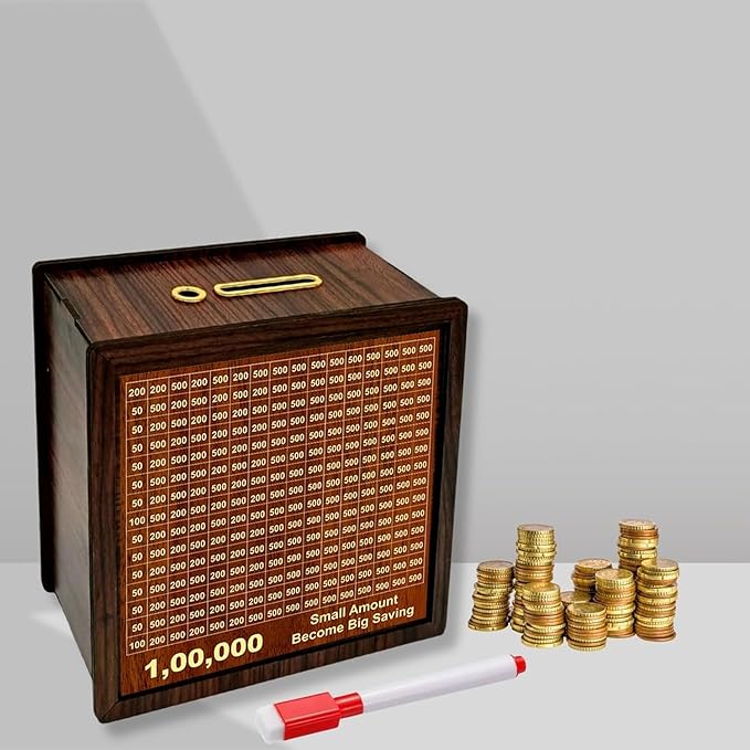 Wooden Money Piggy Bank with Savings Chart for Kids & Adults