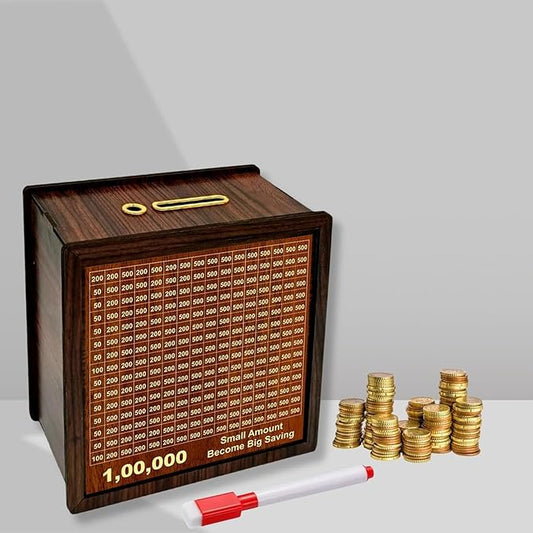 Wooden Money Piggy Bank with Savings Chart for Kids & Adults