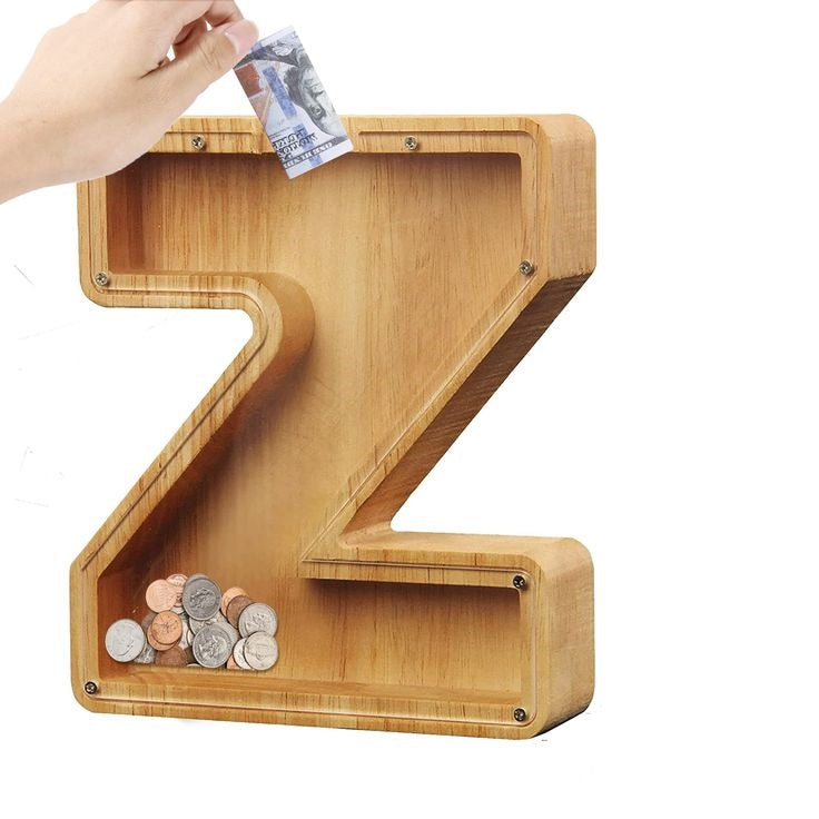 Wooden Alphabet Piggy Bank - Personalised A to Z Letter, Acrylic Front