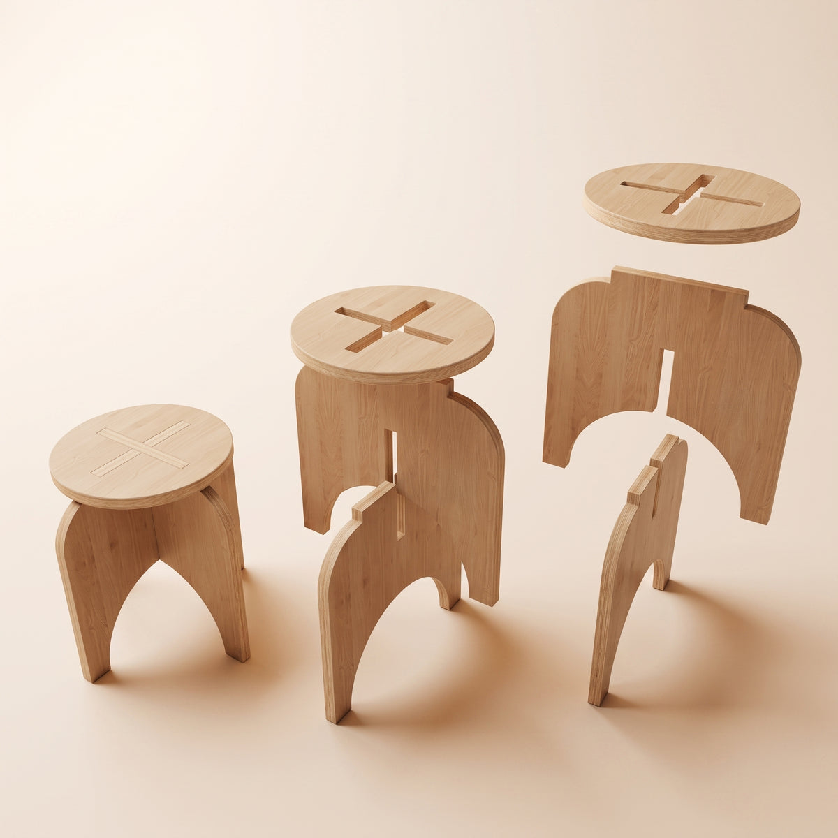 Wooden Sitting Stool - Round Top, Curved Legs, Large/Small