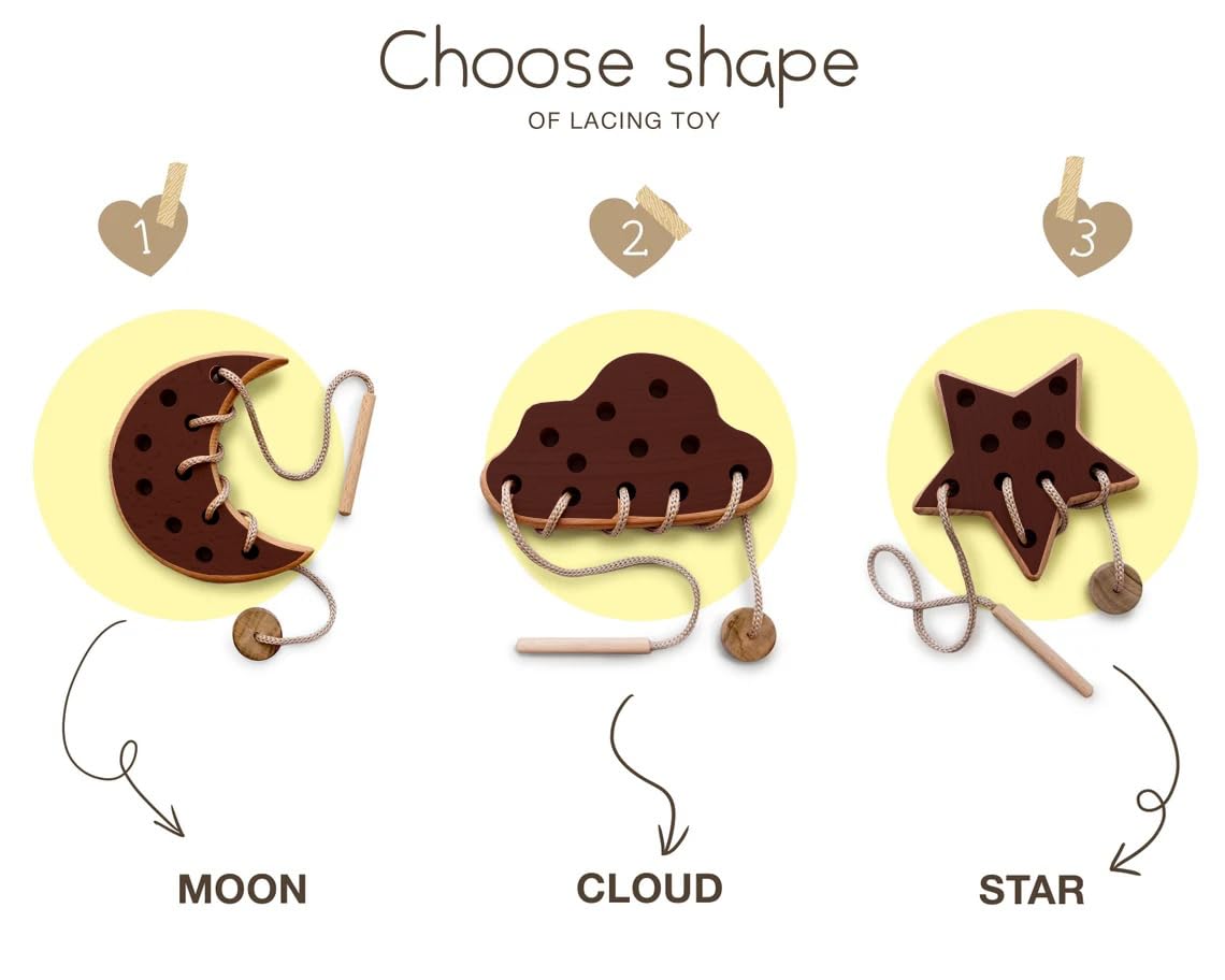 Montessori Wooden Lacing Toy - Cloud, Moon & Star Shapes for Fine Motor Skills