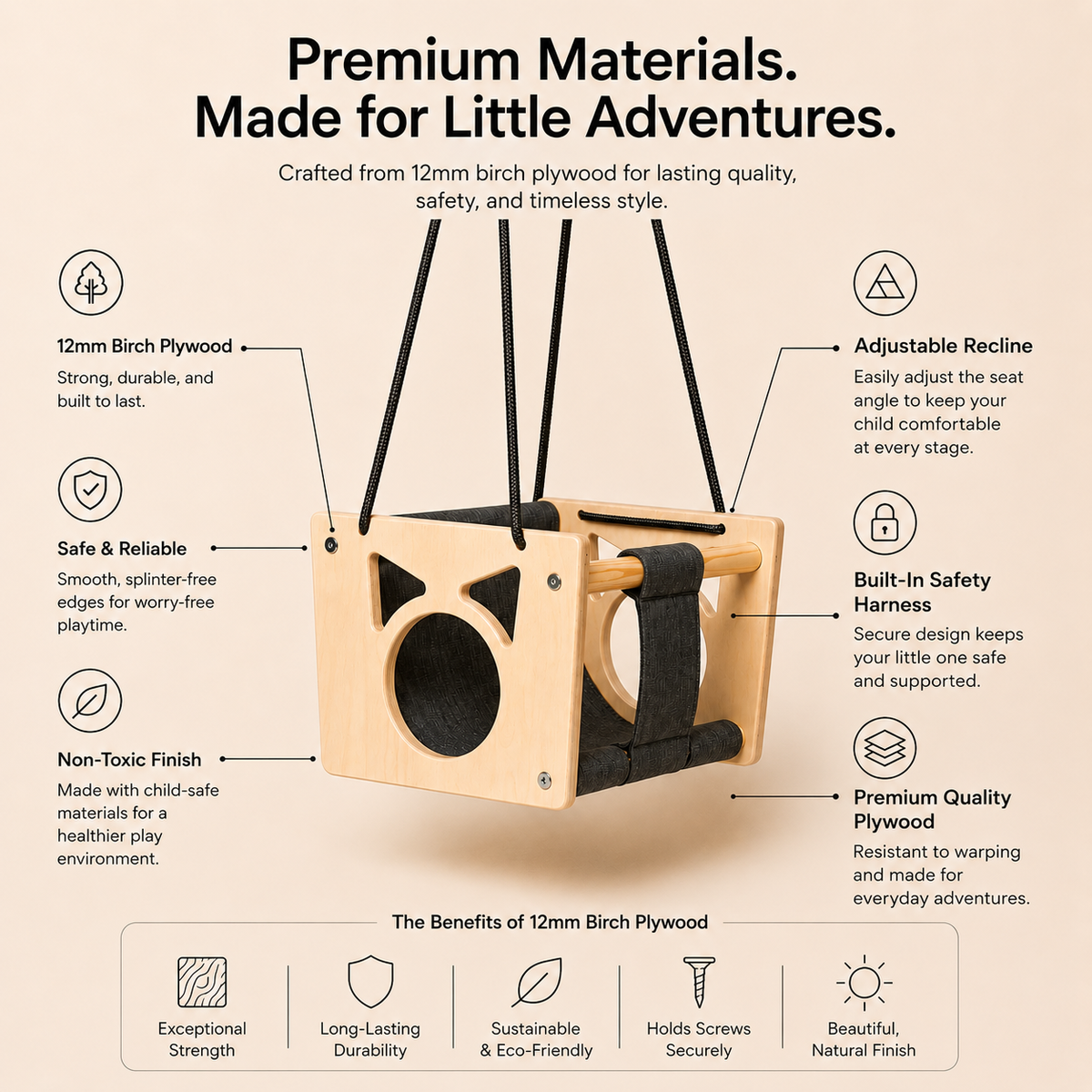 Montessori Wooden Baby Swing with Safety Harness (Mini)