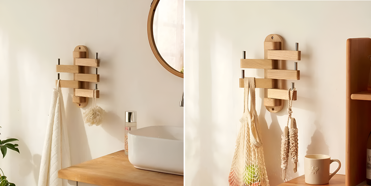 Vertical Wooden Wall Hanger - Foldable Hooks, Seasoned Pine