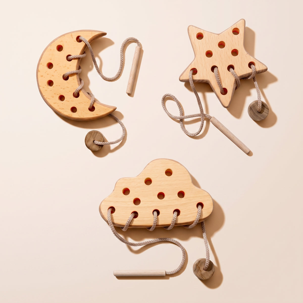 Montessori Wooden Lacing Toy - Cloud, Moon & Star Shapes for Fine Motor Skills