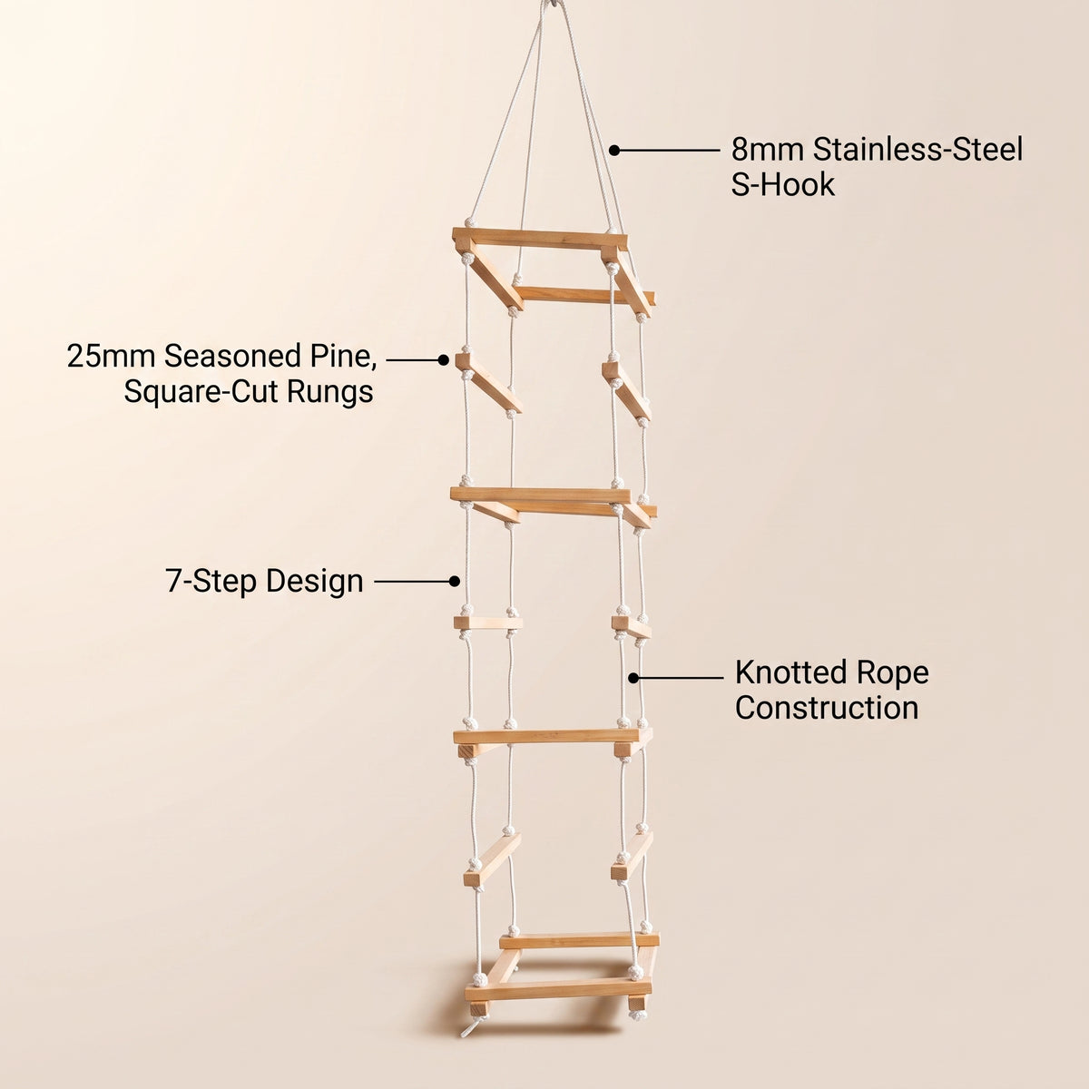 7-Step Wooden Square Climbing Ladder for Kids - Seasoned Pine, Wide Flat Rungs (Ages 4–10)