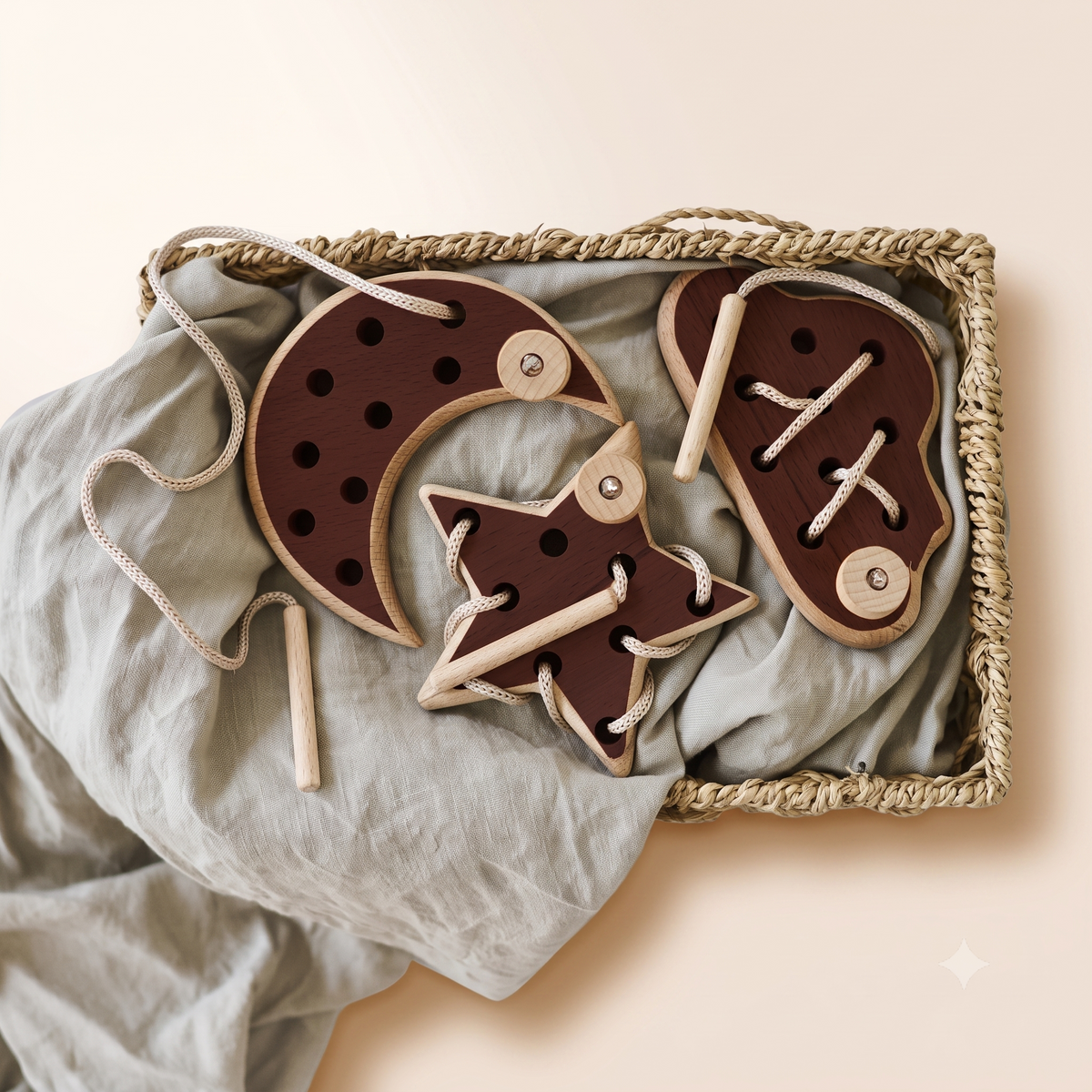 Montessori Wooden Lacing Toy - Cloud, Moon & Star Shapes for Fine Motor Skills