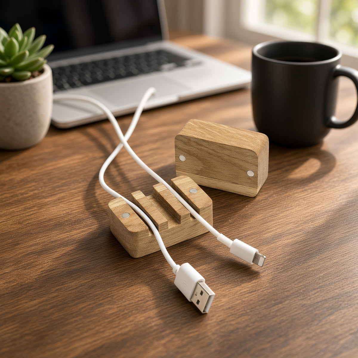 Wooden Magnetic Desk Stand - Laptop Stand, Mobile Holder & Cord Organizer