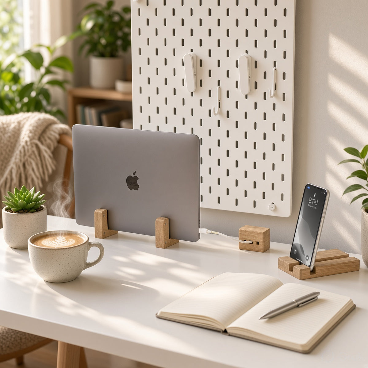 Wooden Magnetic Desk Stand - Laptop Stand, Mobile Holder & Cord Organizer