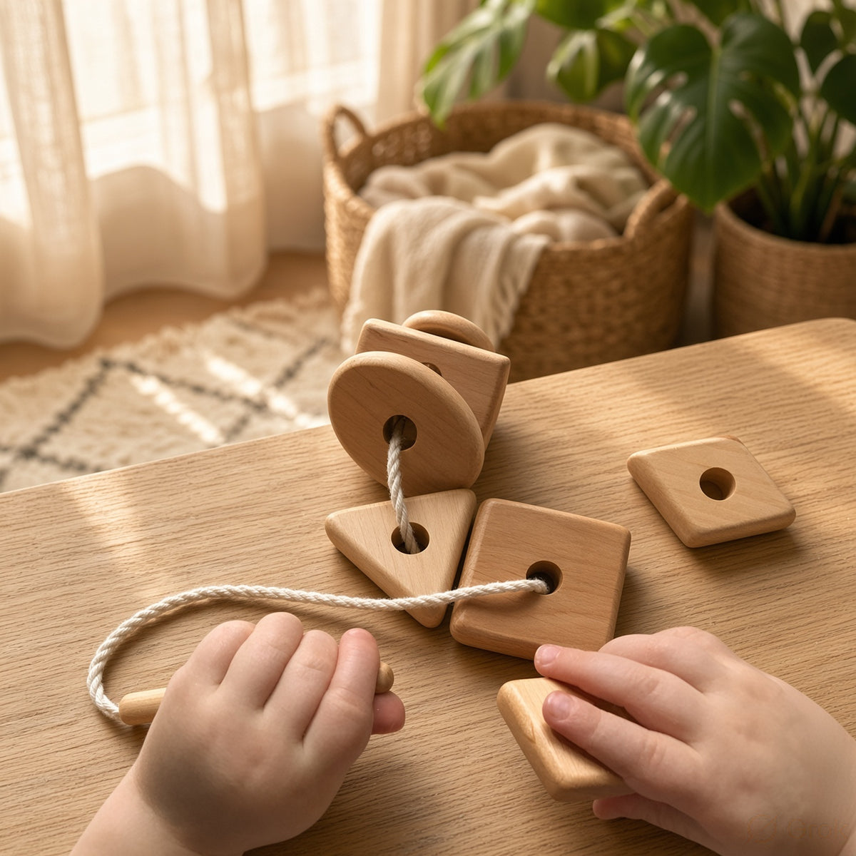 Montessori Geometric Wooden Lacing Toy - 8 Shapes for Fine Motor Skills