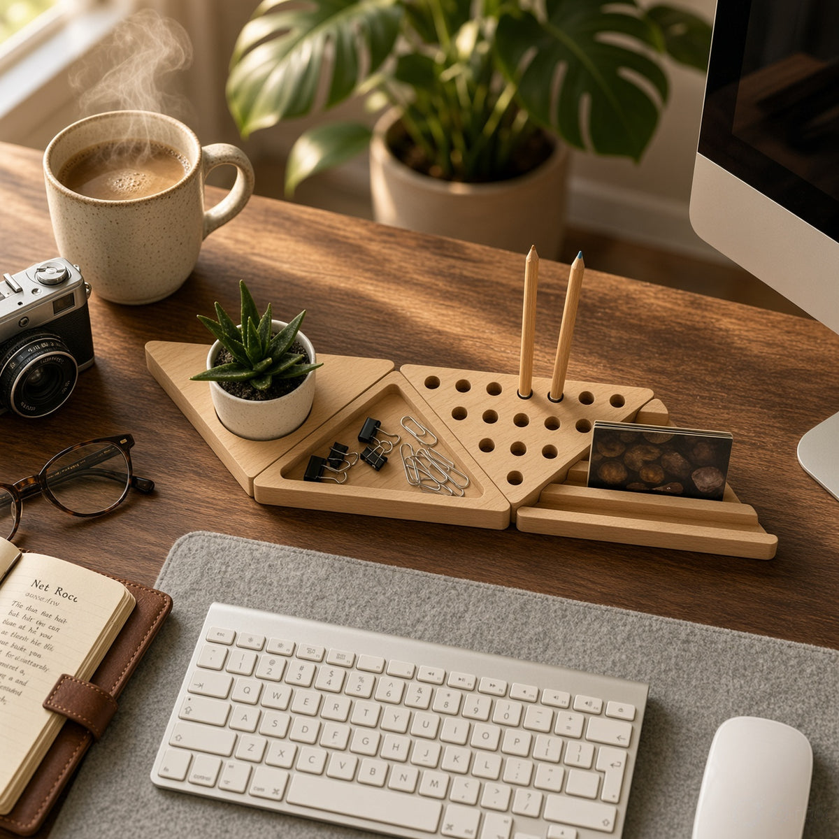 Wooden Desk Organiser Tray with Compartments - Design 6 (Set of 4 Triangle Trays)