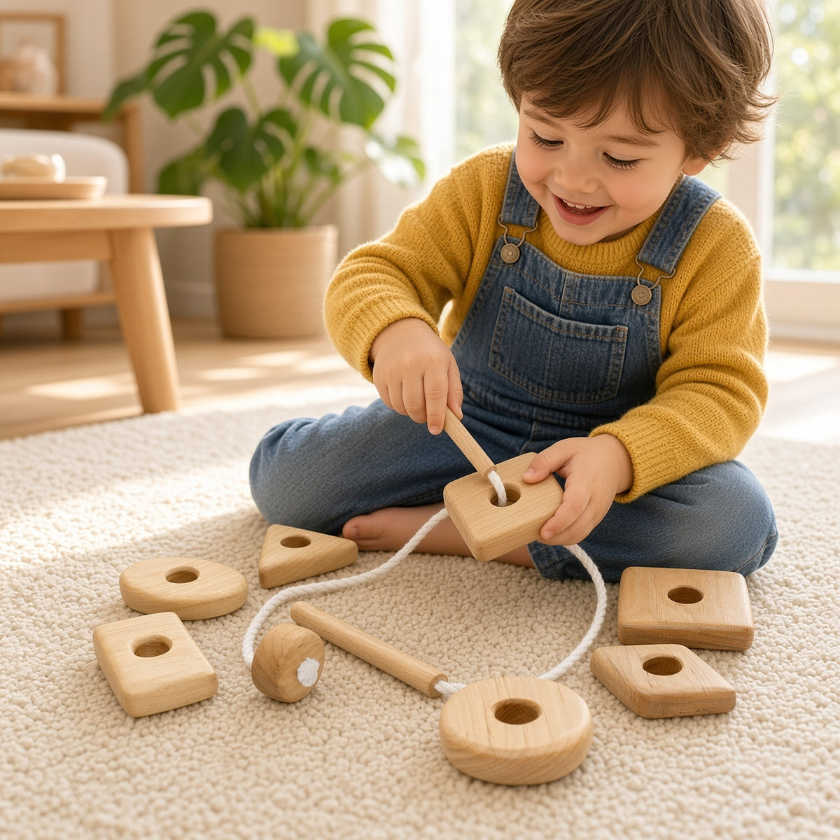 Montessori Geometric Wooden Lacing Toy - 8 Shapes for Fine Motor Skills