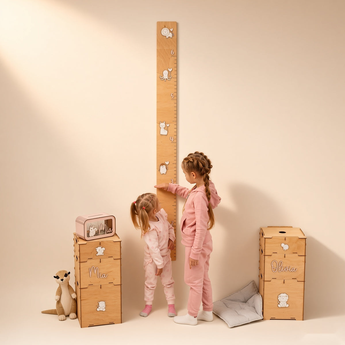 Wooden Kids Height Chart - Wall-Mounted Growth Chart with 18 Age Markers, Blue/Pink