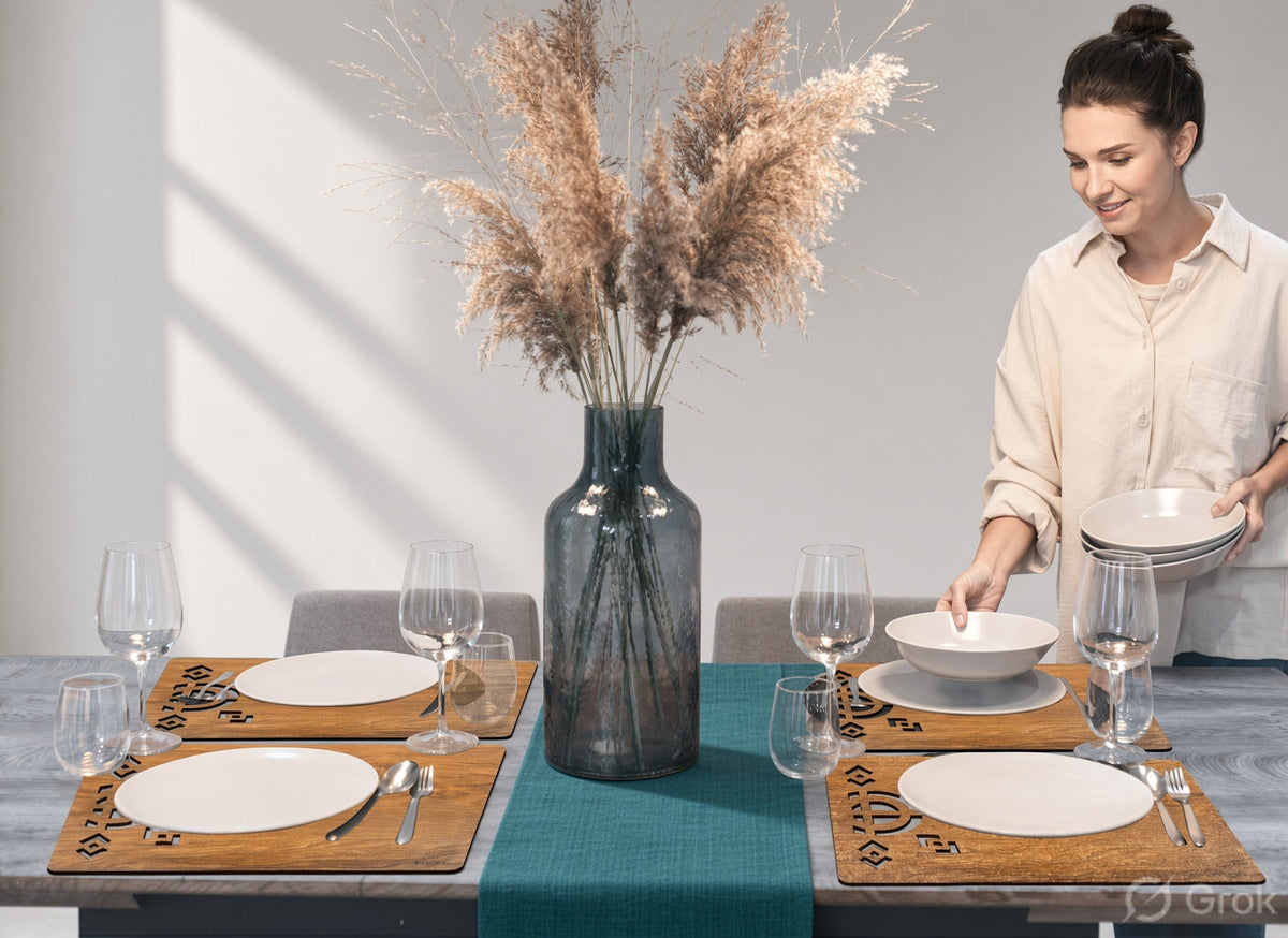 Wooden &amp; Leather Placemat Set with Matching Tea Coasters Rectangle