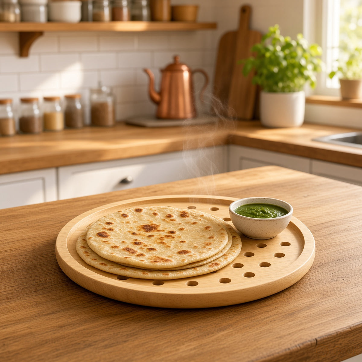 Wooden Roti Tray - Natural Rubberwood, Round or Line Design