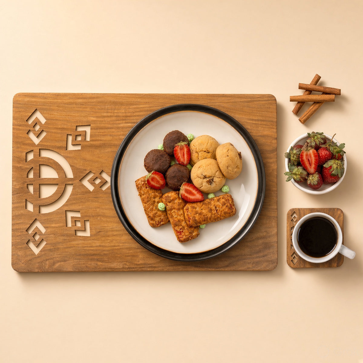 Wooden &amp; Leather Placemat Set with Matching Tea Coasters Rectangle