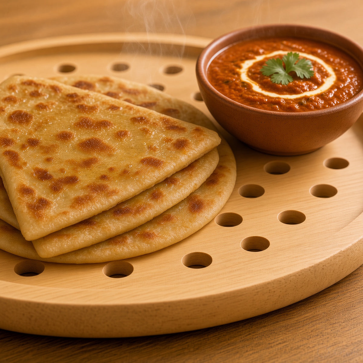 Wooden Roti Tray - Natural Rubberwood, Round or Line Design