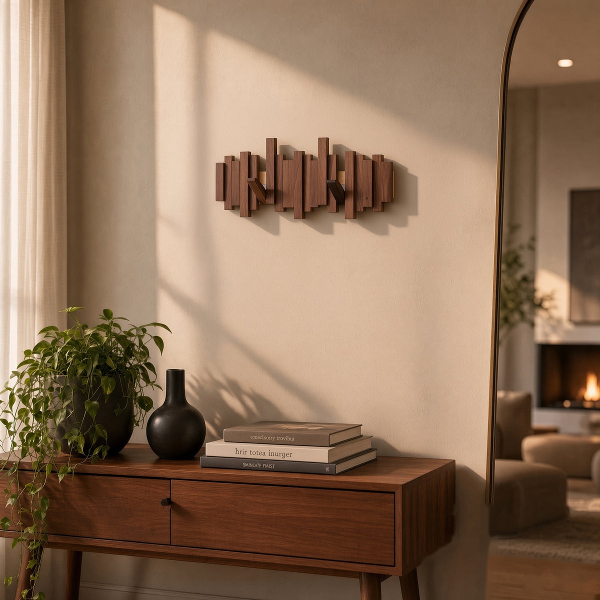 Wooden Piano Wall Hanger - Foldable Hooks, Old Burmese Teak, 4/6/8 Hook