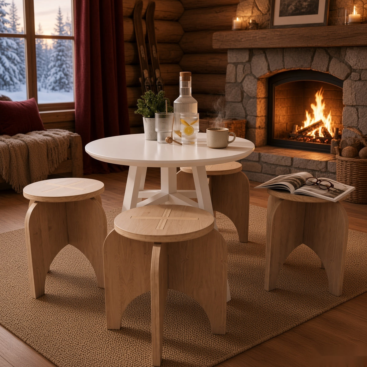 Wooden Sitting Stool - Round Top, Curved Legs, Large/Small