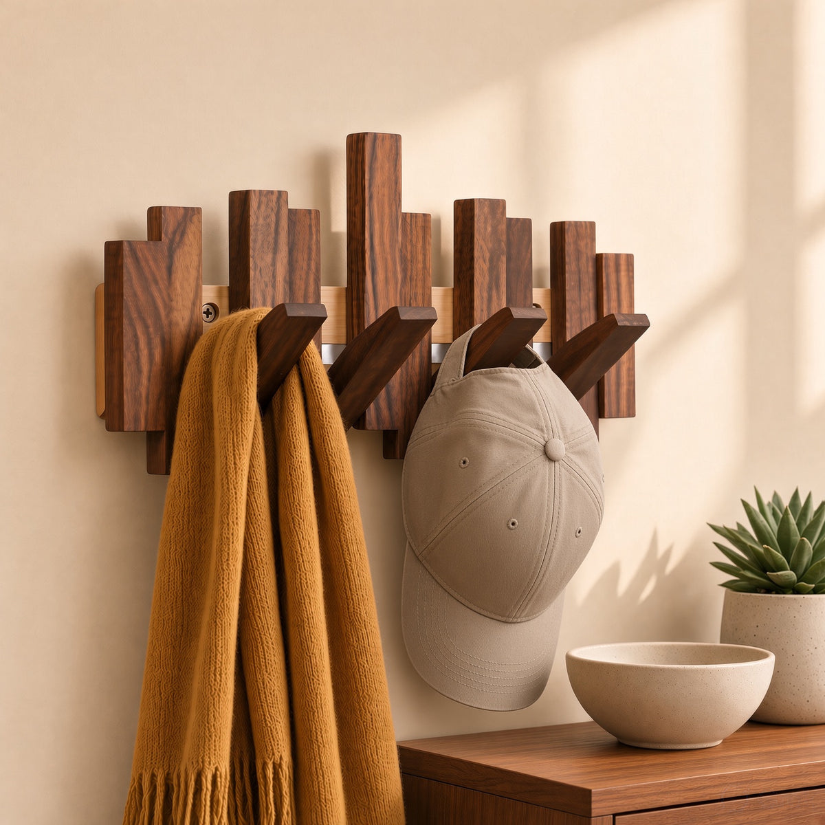 Wooden Piano Wall Hanger - Foldable Hooks, Old Burmese Teak, 4/6/8 Hook