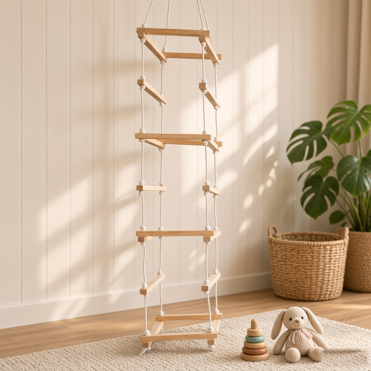 7-Step Wooden Square Climbing Ladder for Kids - Seasoned Pine, Wide Flat Rungs (Ages 4–10)