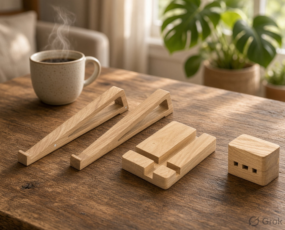 Wooden Magnetic Desk Stand - Laptop Stand, Mobile Holder & Cord Organizer