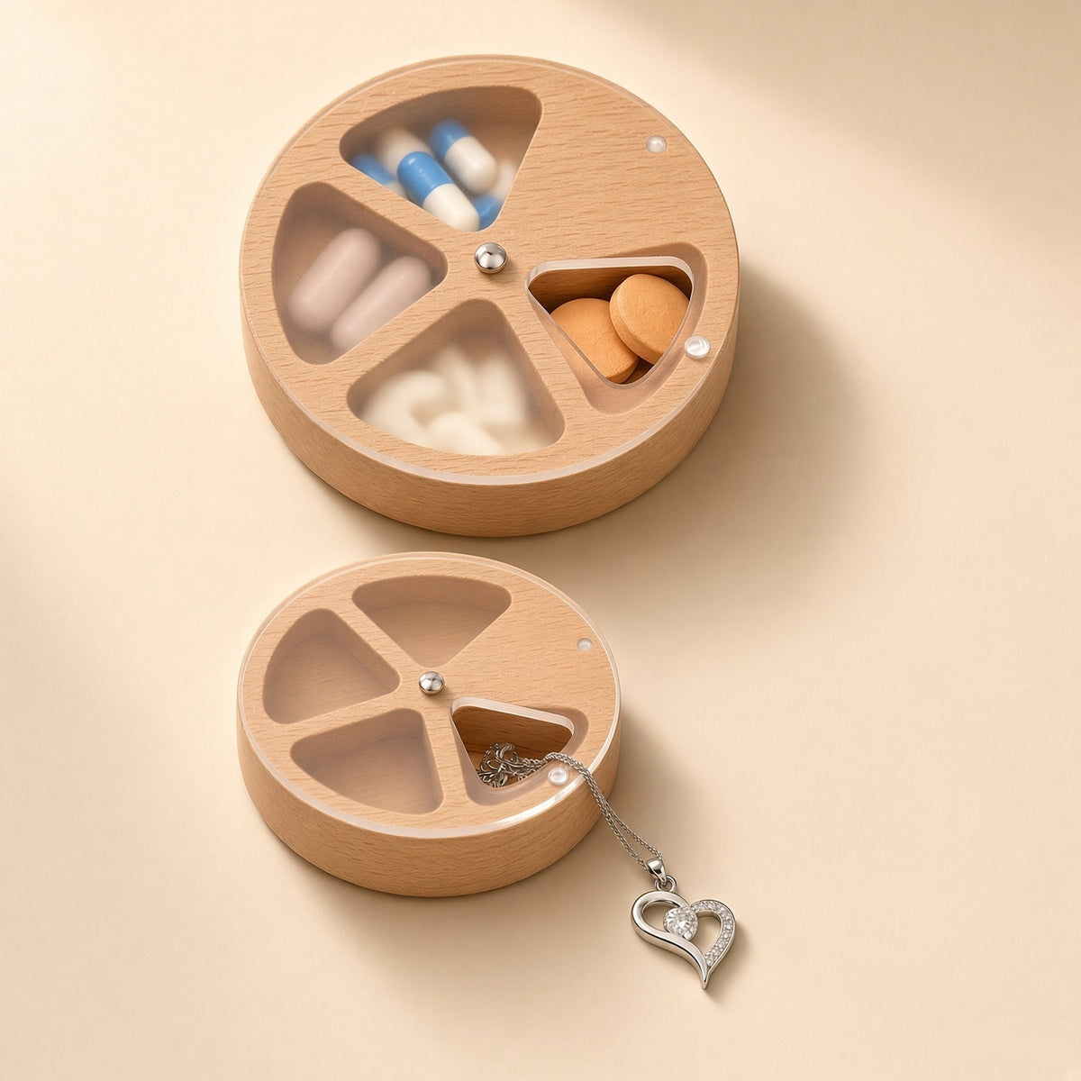 Wooden Pill Organizer Case - Round or Rectangular, Seasoned Pine