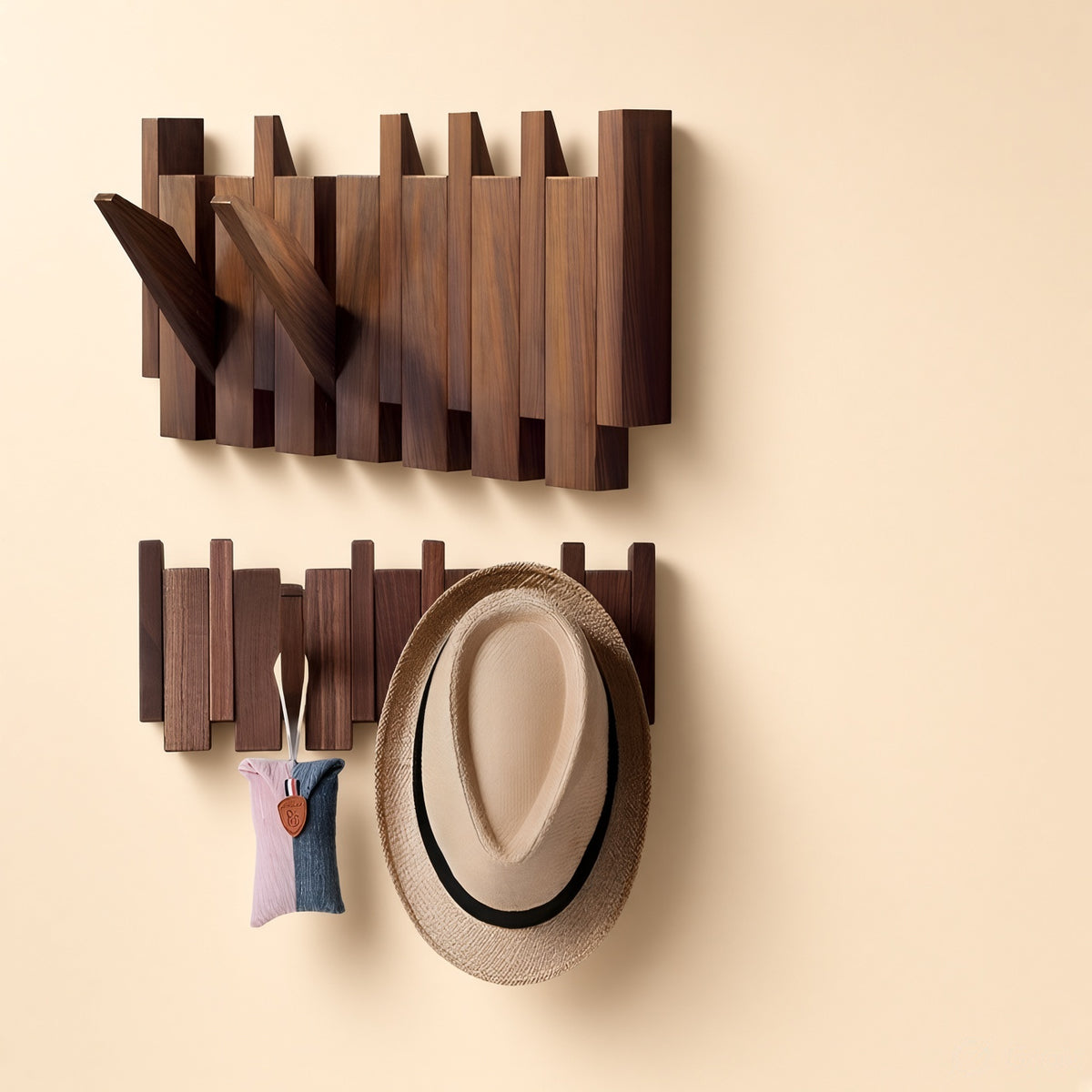 Classic Wooden Wall Hanger - 6 Hooks, Old Burmese Teak