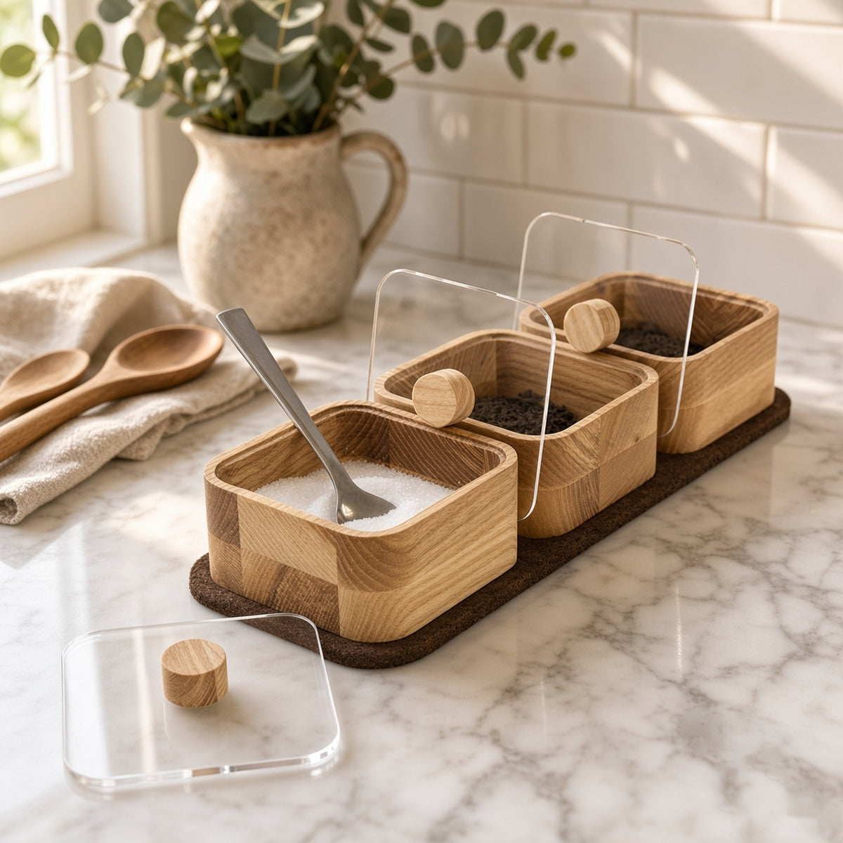 Kitchen Storage Jar Sets with Wooden Tray - Yogurt, Glass & Wooden Jars