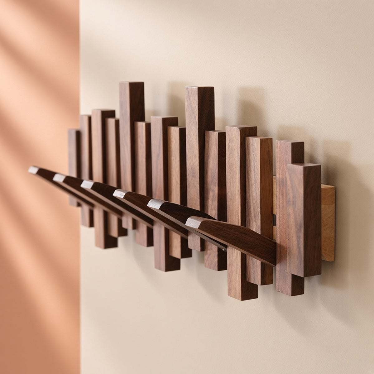 Wooden Piano Wall Hanger - Foldable Hooks, Old Burmese Teak, 4/6/8 Hook