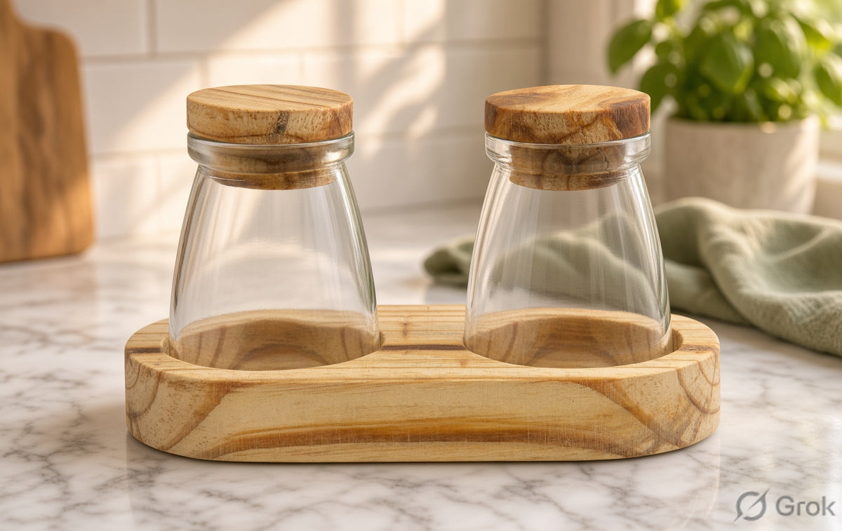 Kitchen Storage Jar Sets with Wooden Tray - Yogurt, Glass & Wooden Jars