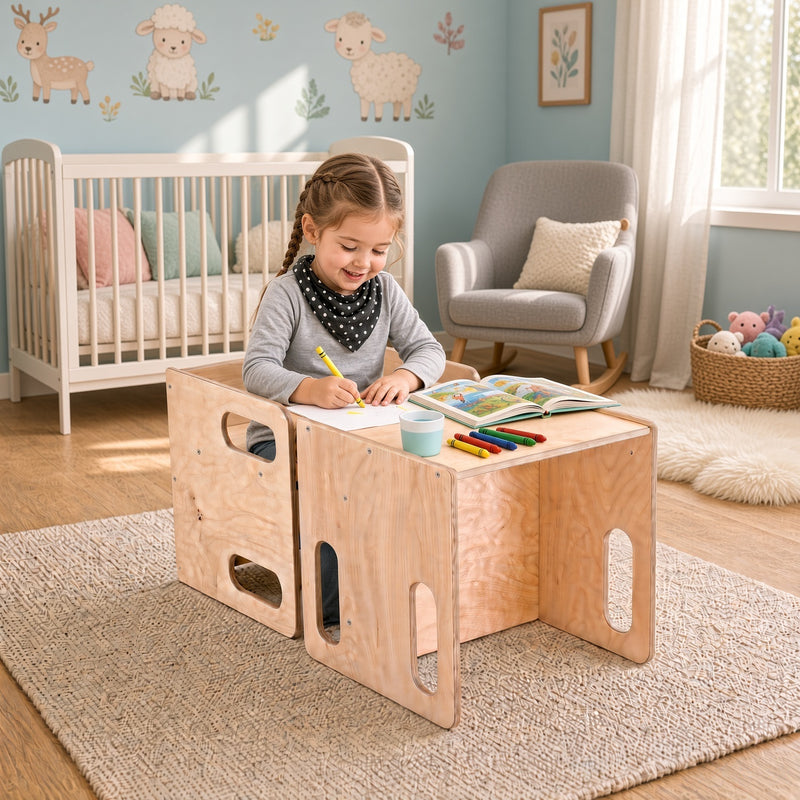Kids Wooden Table & Chair Set - Sturdy Bolted Design, Brown or Beige