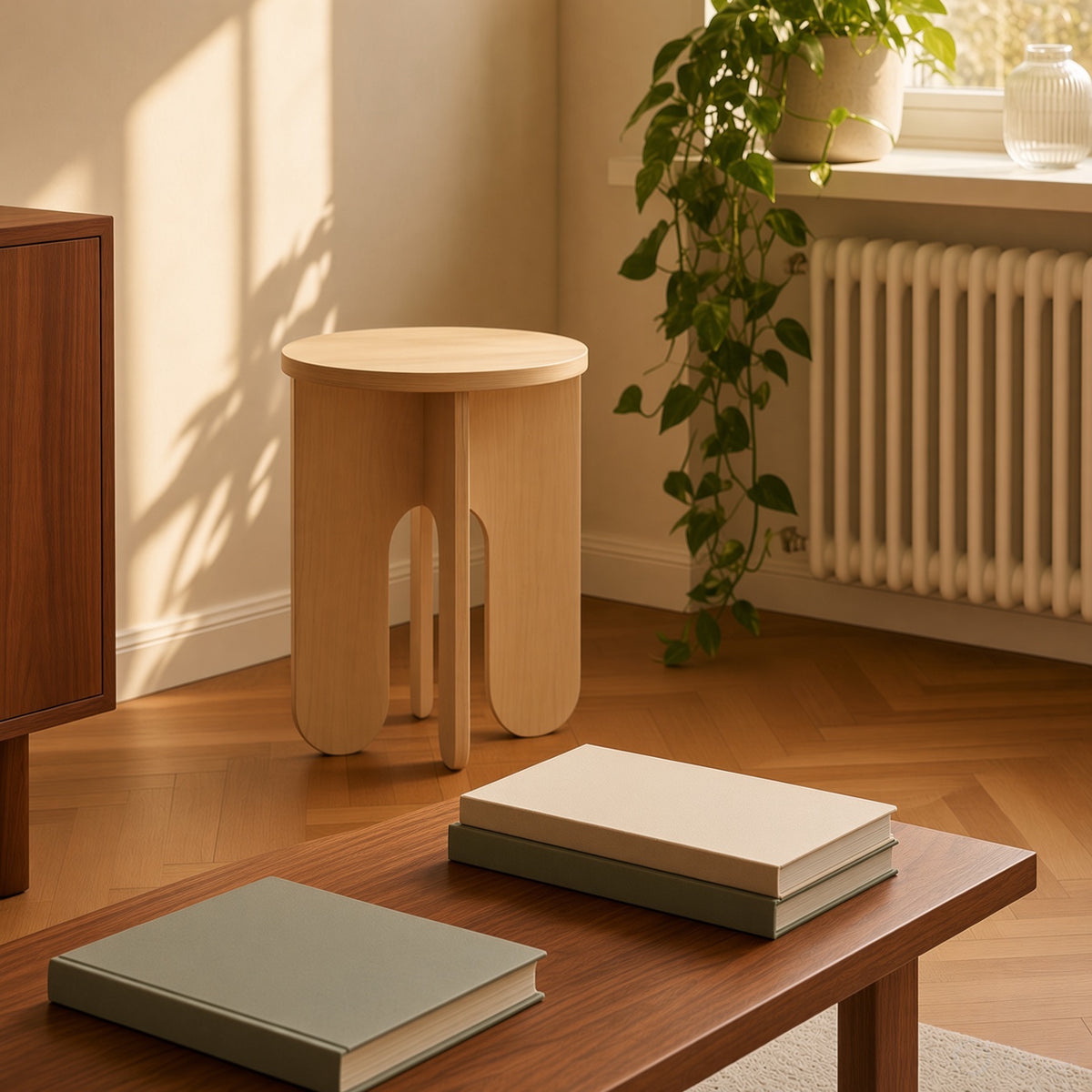 Wooden End Stool - Round-Top Side Table & Plant Stand, Large/Small