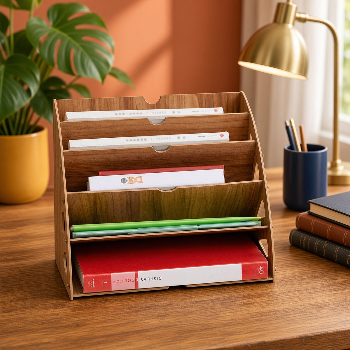 Wooden Magazine Holder - Angled Rack for Magazines, Mail & Files