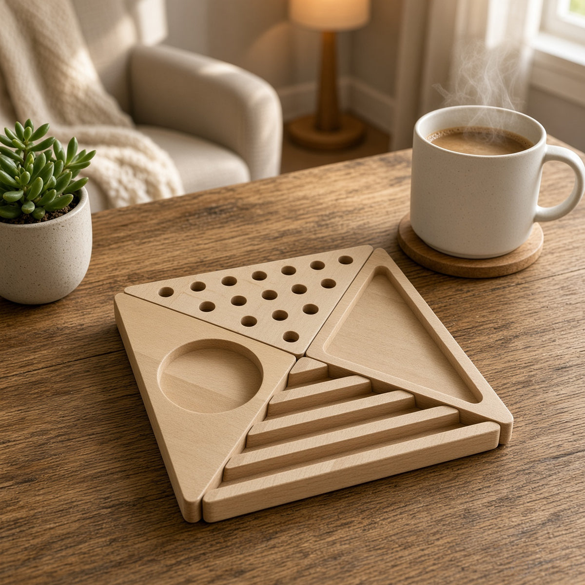 Wooden Desk Organiser Tray with Compartments - Design 6 (Set of 4 Triangle Trays)