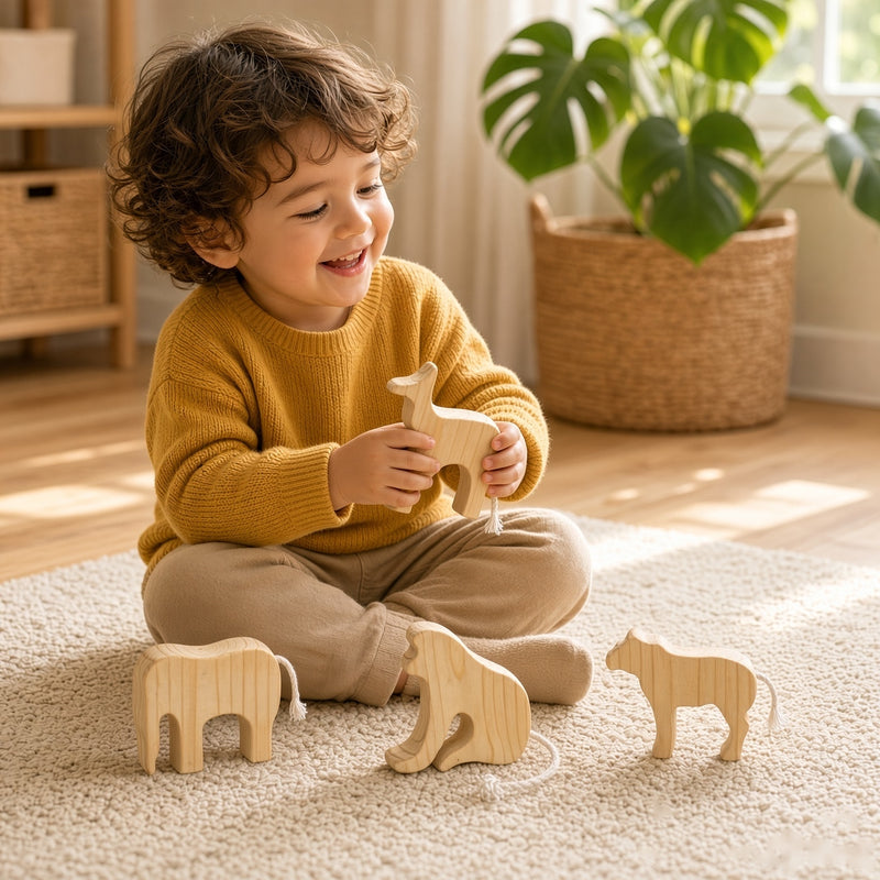 Wooden Animal Toy Figures - Deer, Elephant, Monkey & Lion, Single or Combo Set of 4