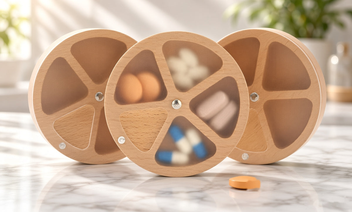 Wooden Pill Organizer Case - Round or Rectangular, Seasoned Pine