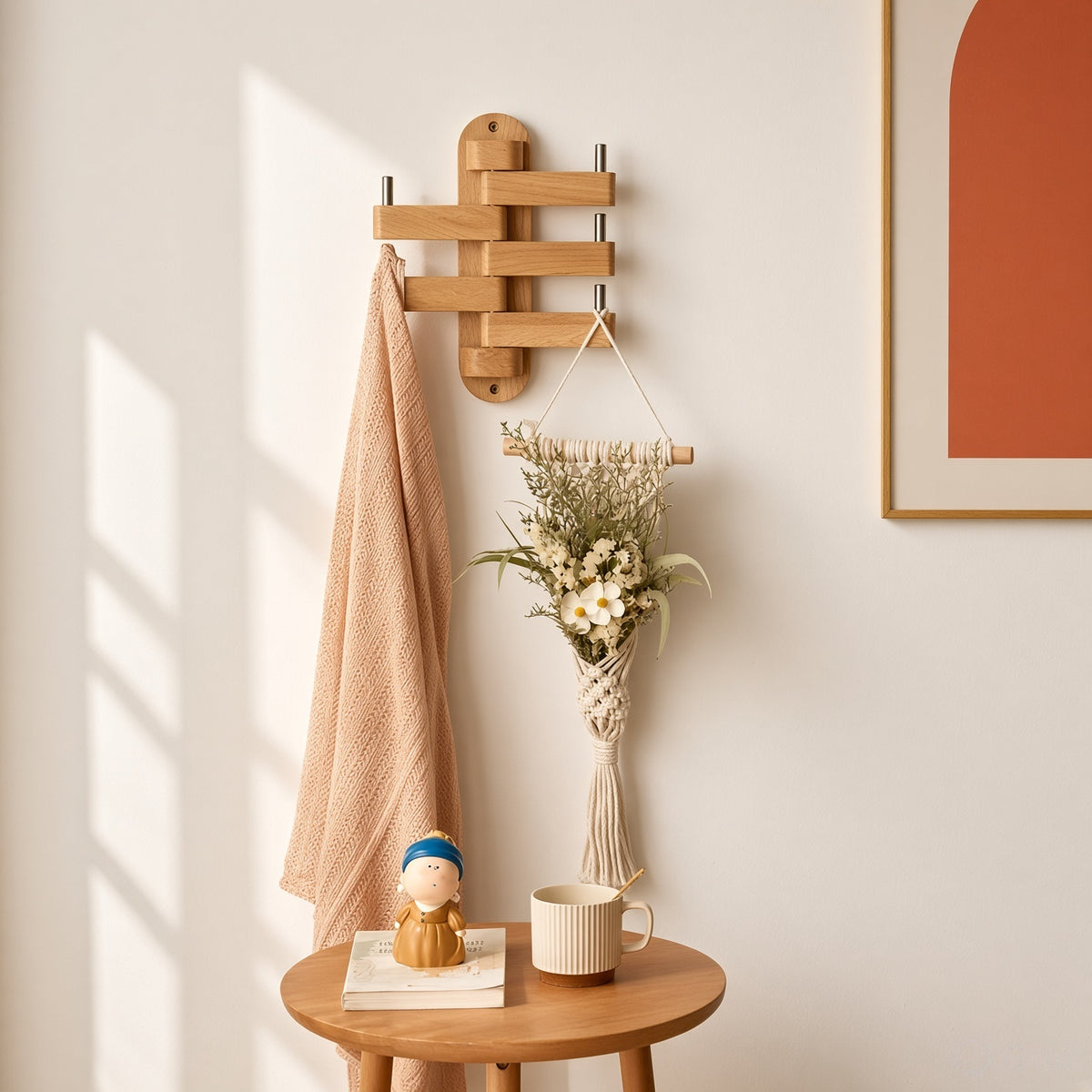 Vertical Wooden Wall Hanger - Foldable Hooks, Seasoned Pine