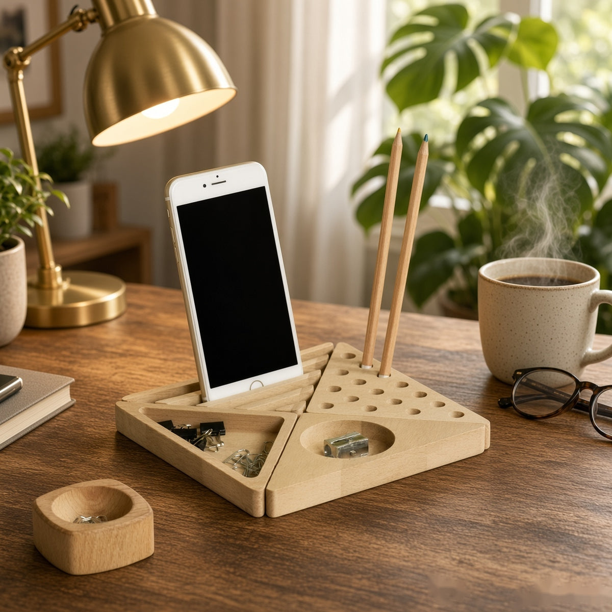 Wooden Desk Organiser Tray with Compartments - Design 6 (Set of 4 Triangle Trays)