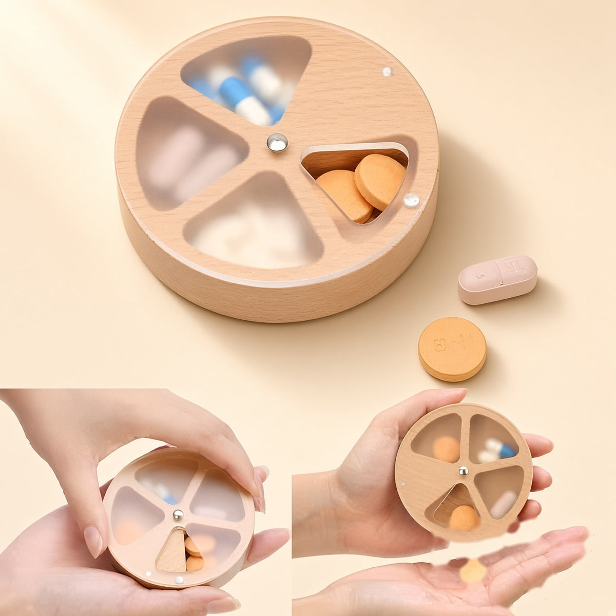Wooden Pill Organizer Case - Round or Rectangular, Seasoned Pine