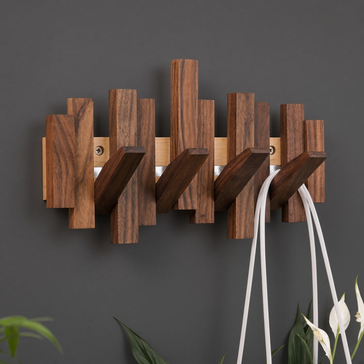 Wooden Piano Wall Hanger - Foldable Hooks, Old Burmese Teak, 4/6/8 Hook