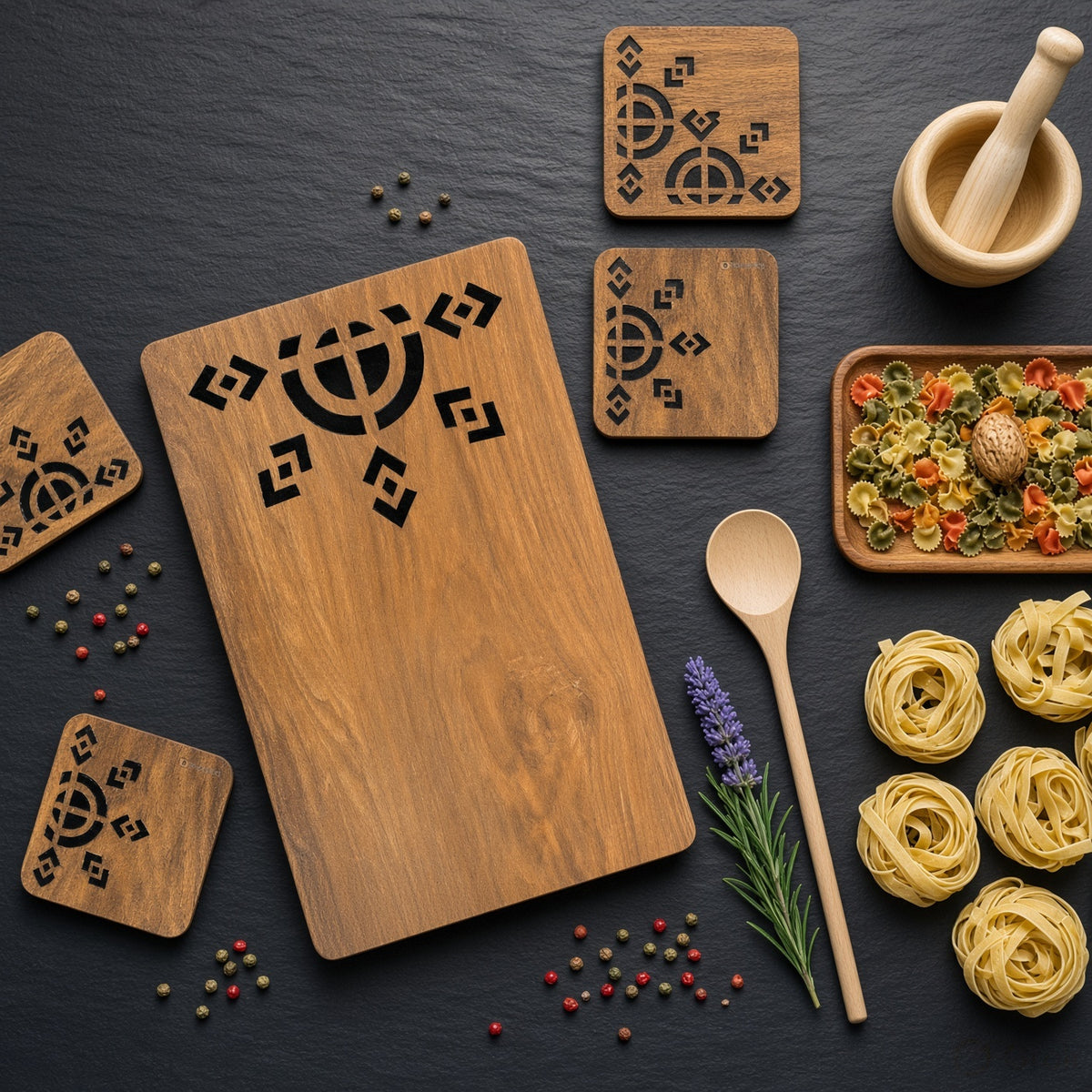 Wooden &amp; Leather Placemat Set with Matching Tea Coasters Rectangle