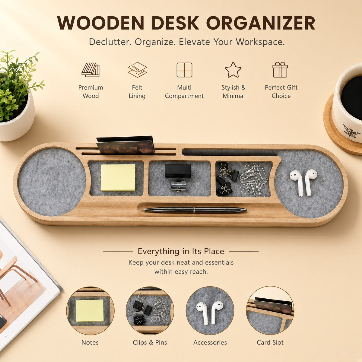 Wooden Desk Organiser Tray with Compartments - Design 5