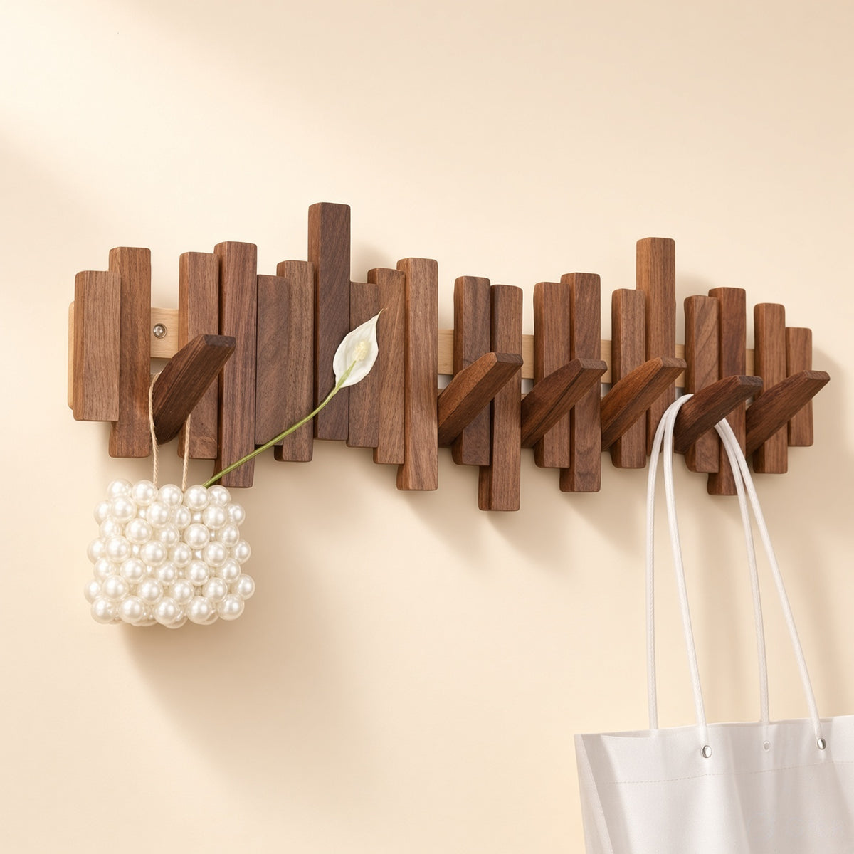 Wooden Piano Wall Hanger - Foldable Hooks, Old Burmese Teak, 4/6/8 Hook