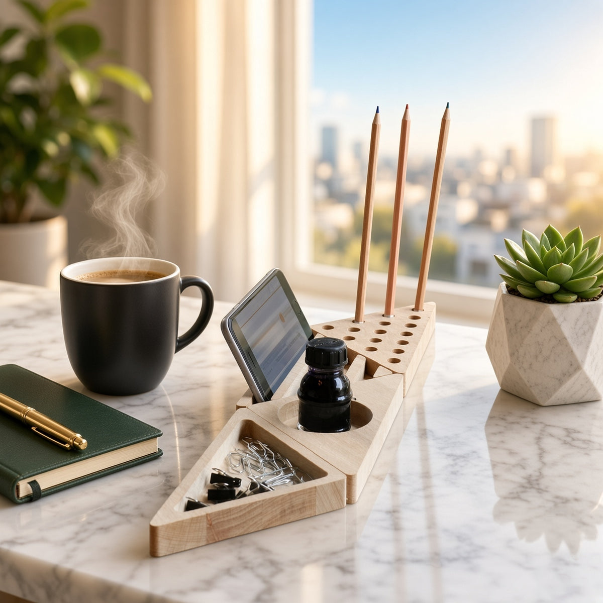 Wooden Desk Organiser Tray with Compartments - Design 6 (Set of 4 Triangle Trays)